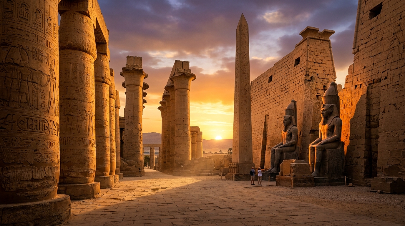 Majestic ancient Egyptian Pharaonic temple colossus statues during golden hour sunset